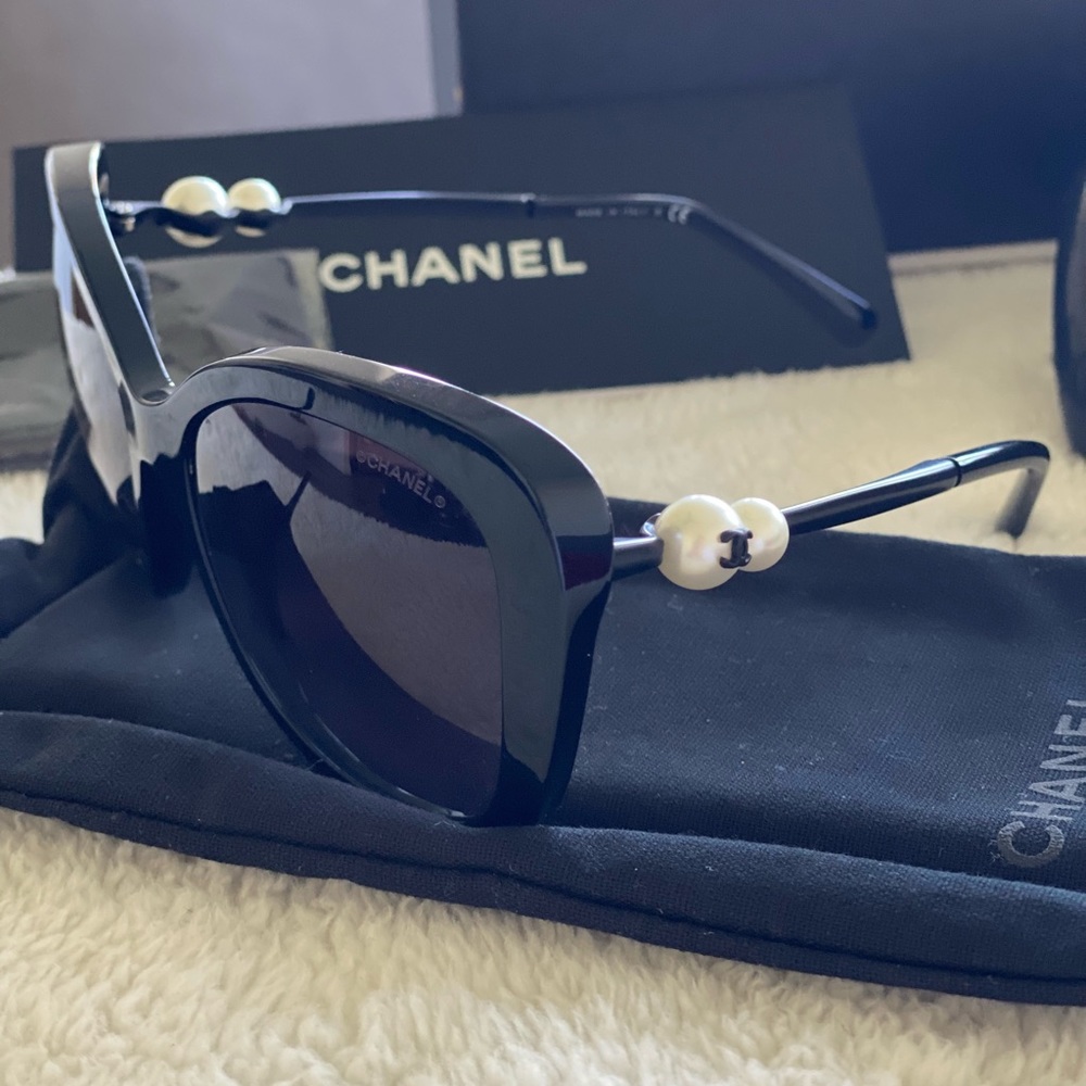 Chanel Black Oversized Sunglasses with Pearl Accents